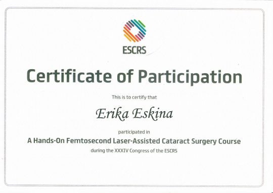 Сертификат Femtosecond ESCRS 2016