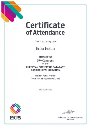 Сертификат ESCRS 2019
